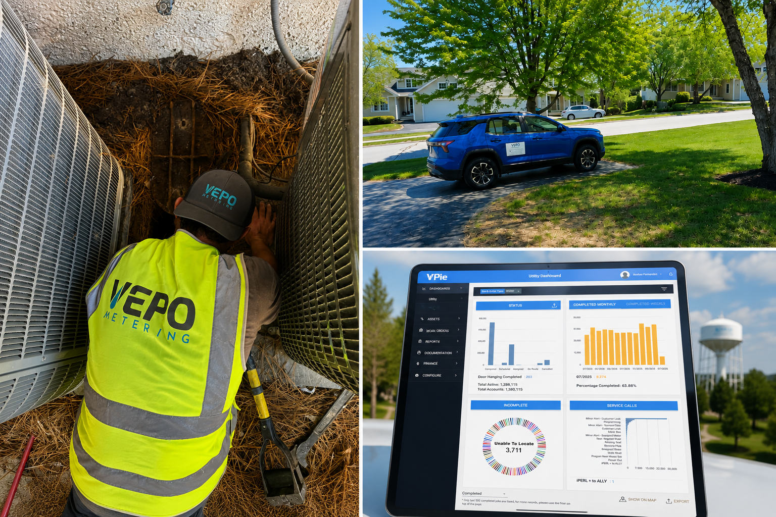 VEPO field technician, service vehicle, and VPie utility dashboard collage