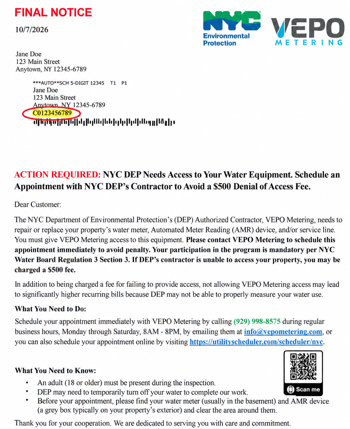 NYC DEP and VEPO Metering final notice letter